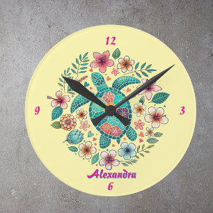 Meeresschildkröte Floral Boho Schule Büro Name Run Runde Wanduhr