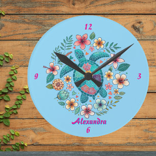 Meeresschildkröte Floral Boho Schule Büro Name Run Runde Wanduhr