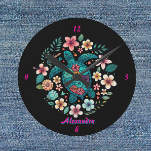 Meeresschildkröte Floral Boho Schule Büro Name Run Runde Wanduhr
