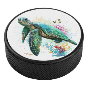 Meeresschildkröte im Unterwasser-Aquarell-Stil Eishockey Puck