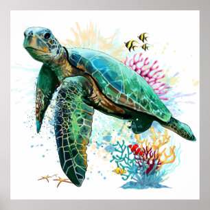 Meeresschildkröte im Unterwasser-Aquarell-Stil Poster