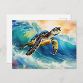 Meeresschildkröte Reiten im Wasser Postkarte (Vorne/Hinten)