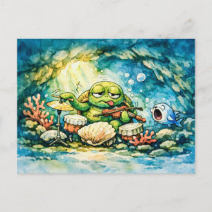 Meeresschildkröte spielt Geige und Muscheln Postkarte