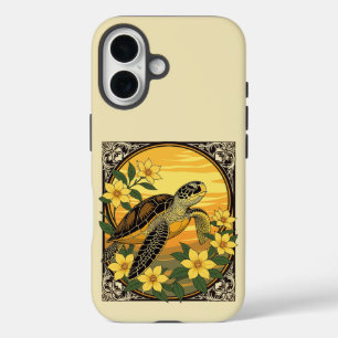 Meeresschildkröte und gelbe Gelsemium-Blüten iPhone 16 Hülle