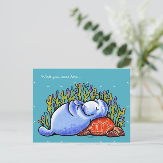 Meeresschildkröte und -manatee postkarte (Stehend Vorderseite)