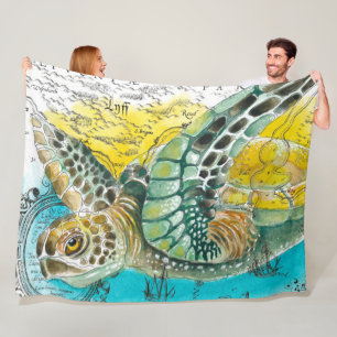 Meeresschildkröte Wasserfarbe Vintage Karte weiß Fleecedecke