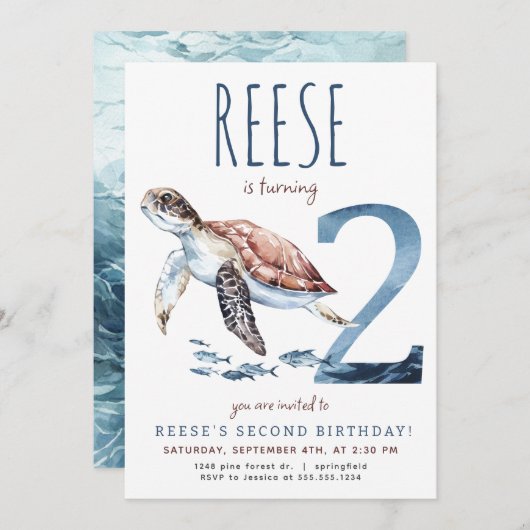 Meeresschildkröte - zweite Geburtstagsfeier Einladung (Vorne/Hinten)