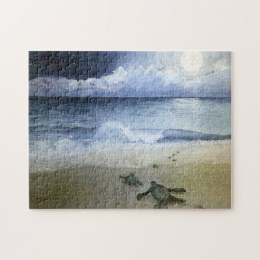 Meeresschildkröten, Meereswellen unter Vollmond Puzzle (Horizontal)
