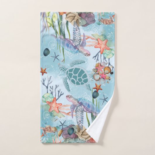 Meeresschildkröten, Muscheln, Flora und Fauna Badhandtuch Set (Handtuch)