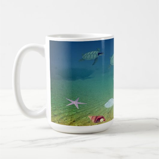 Meeresschildkröten, Muscheln, Perlen und Kalligrap Kaffeetasse (Links)