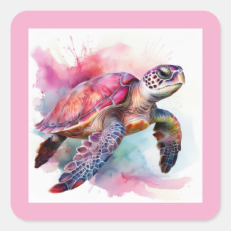 Meeresschildkröten-Quadrat-Aufkleber mit rosa Farb Quadratischer Aufkleber