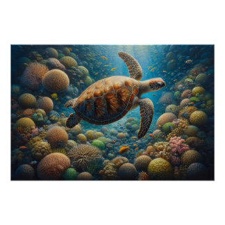Meeresschildkröten schwimmen um Korallenriff Poster