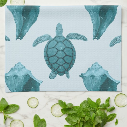 Meeresschildkröten u. Tritonshorn im Aqua/in den Geschirrtuch (Gefaltet)