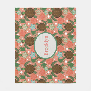 Meeresschildkröten und Hibiskus Korallenrosa Fleecedecke