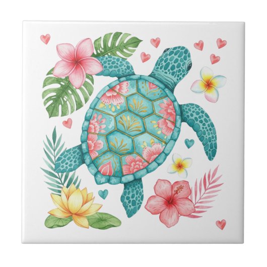 Meeresschildkröten und tropische Blume Fliese (Vorderseite)