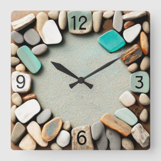 Meeressteine und Meerglas Quadratische Wanduhr