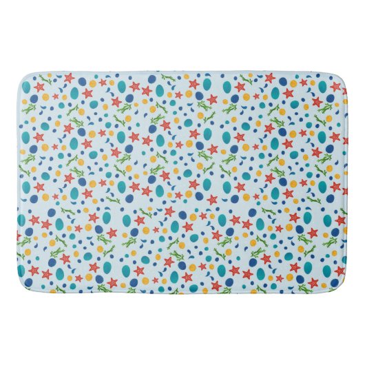 Meeresstrand mit Seestern, Muscheln und Kies Badematte (Vorderseite)