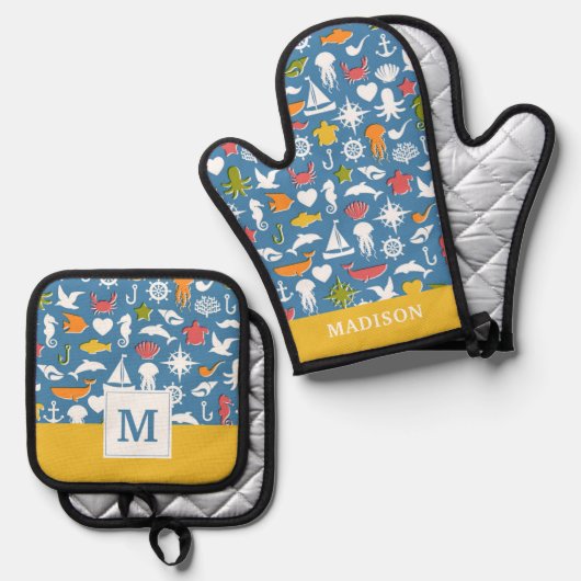 Meeressymbole Muster Ofenhandschuh & Topflappen-Set (Vorderseite/Rückseite)