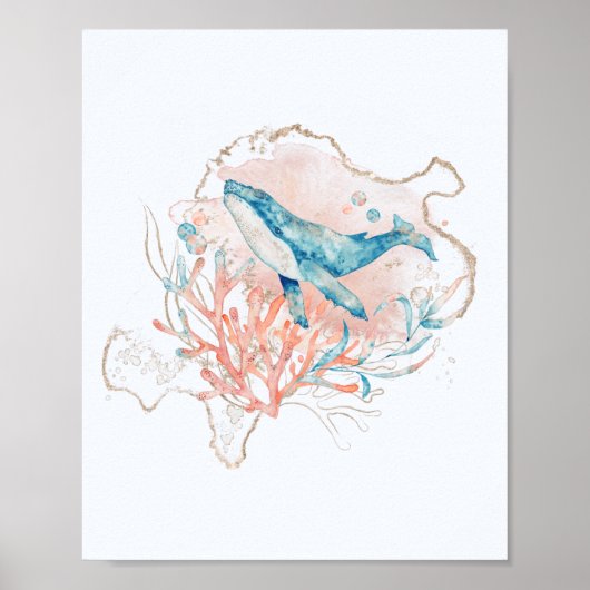 Meeresthema Pink & Blue Wasserfarbe Whale Meer Poster (Vorne)