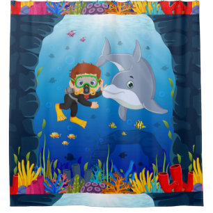 Meeresthema Tauchen mit Delphin Fish Coral Reed Duschvorhang