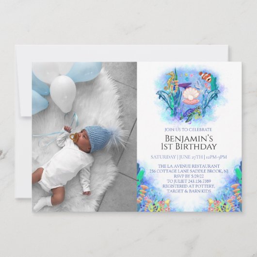 Meerestiere 1. Geburtstag Einladung (Vorderseite)