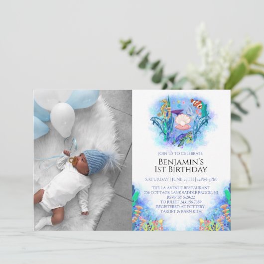 Meerestiere 1. Geburtstag Einladung (Stehend Vorderseite)