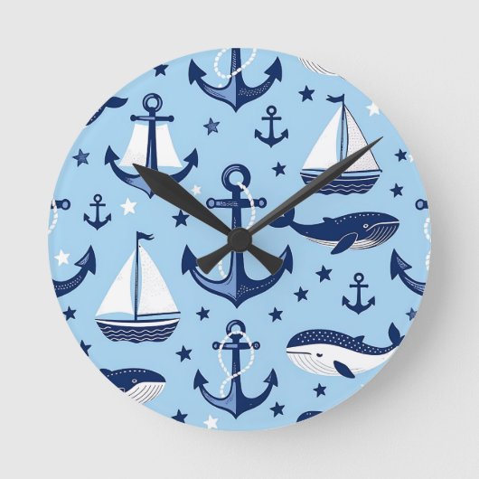 Meerestiere Anker Segelboote Muster Runde Wanduhr (Vorderseite)