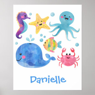 Meerestiere, Aquarelltiere, Fische, Wale Poster