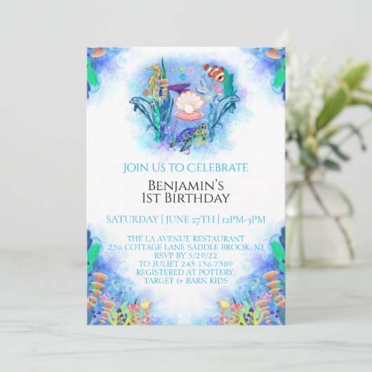 Meerestiere Einladung 1. Geburtstag (Stehend Vorderseite)