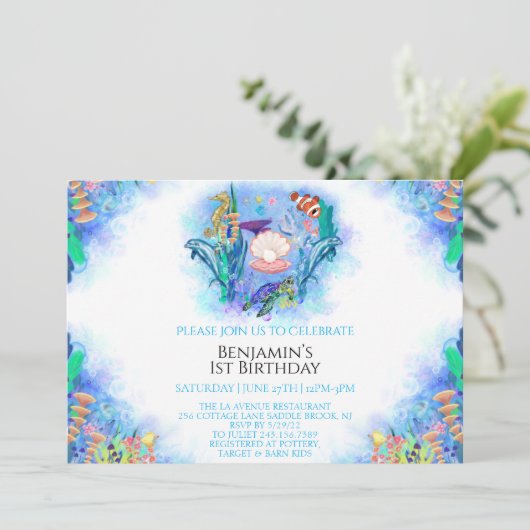 Meerestiere Einladung 1. Geburtstag (Stehend Vorderseite)