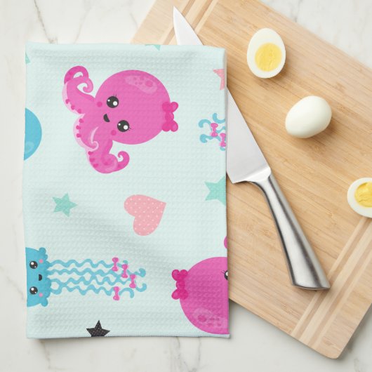 Meerestiere, Kraken, Quallen, Herz, Ihr Name Geschirrtuch (Viertel Falte)