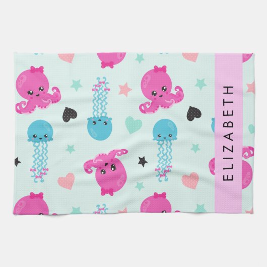 Meerestiere, Kraken, Quallen, Herz, Ihr Name Geschirrtuch (Horizontal)