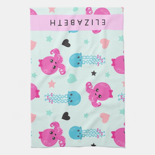 Meerestiere, Kraken, Quallen, Herz, Ihr Name Geschirrtuch (Vertikal)