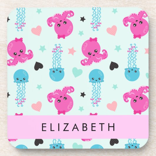 Meerestiere, Kraken, Quallen, Herz, Ihr Name Getränkeuntersetzer (Vorderseite)