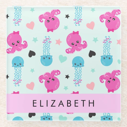 Meerestiere, Kraken, Quallen, Herz, Ihr Name Glasuntersetzer (Vorderseite)