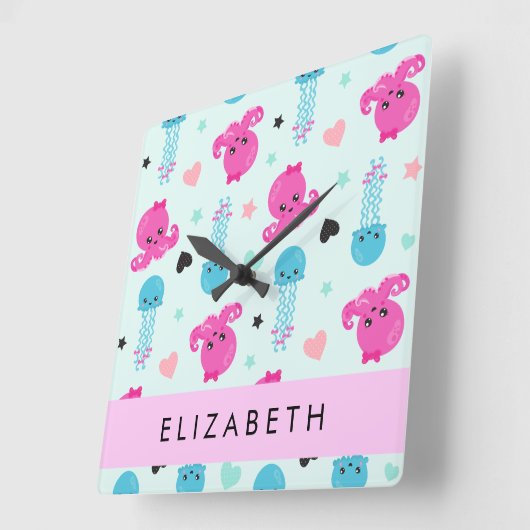 Meerestiere, Kraken, Quallen, Herz, Ihr Name Quadratische Wanduhr (Winkel)
