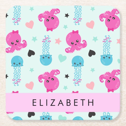 Meerestiere, Kraken, Quallen, Herz, Ihr Name Rechteckiger Pappuntersetzer (Vorderseite)