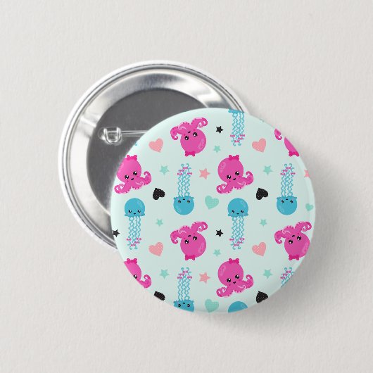 Meerestiere, Meeresleben, Oktopus, Quallen, Herzen Button (Vorne & Hinten)