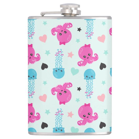 Meerestiere, Meeresleben, Oktopus, Quallen, Herzen Flachmann (Vorderseite)