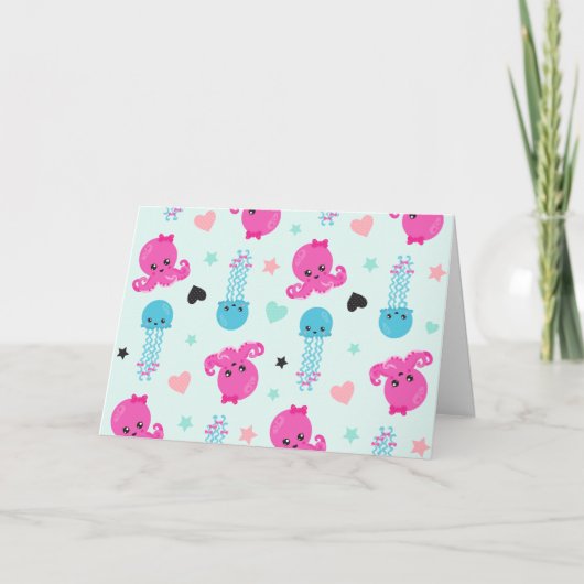 Meerestiere, Meeresleben, Oktopus, Quallen, Herzen Karte (Vorderseite)