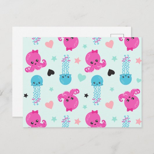 Meerestiere, Meeresleben, Oktopus, Quallen, Herzen Postkarte (Vorne/Hinten)