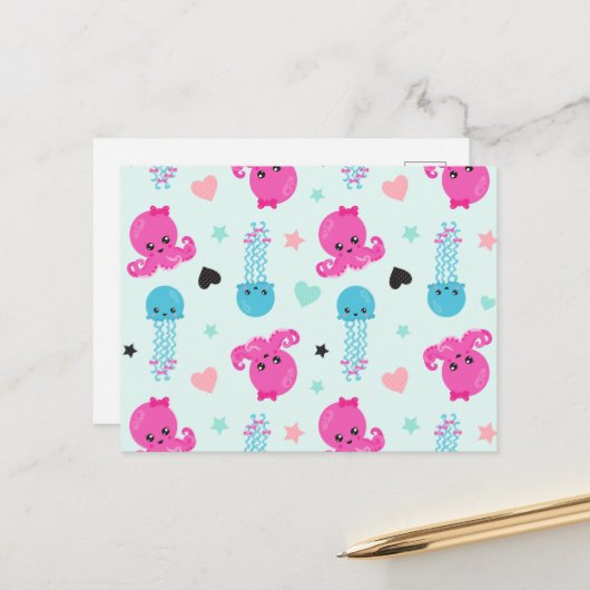 Meerestiere, Meeresleben, Oktopus, Quallen, Herzen Postkarte (Vorderseite/Rückseite Beispiel)