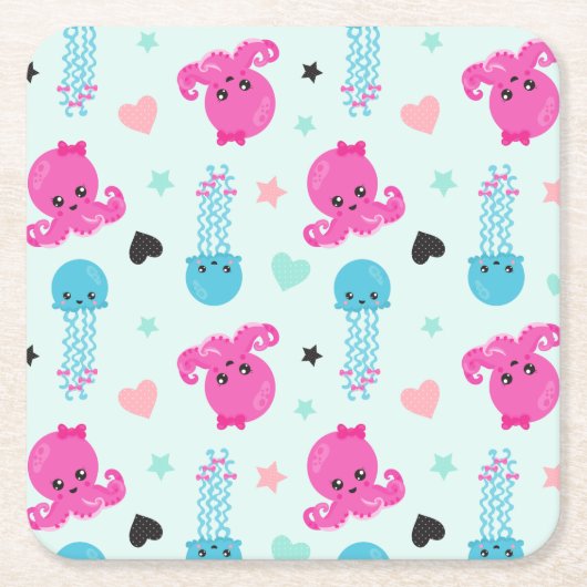 Meerestiere, Meeresleben, Oktopus, Quallen, Herzen Rechteckiger Pappuntersetzer (Vorderseite)