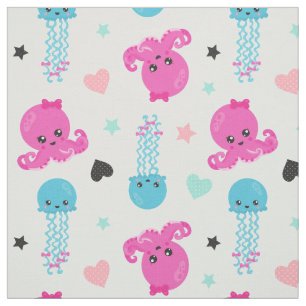 Meerestiere, Meeresleben, Oktopus, Quallen, Herzen Stoff