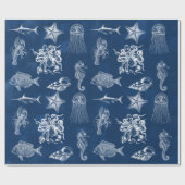 Meerestiere mit blauer Wasserfarbe Geschenkpapier (Flach)