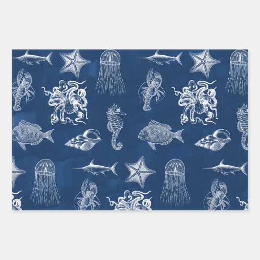 Meerestiere mit blauer Wasserfarbe Geschenkpapier Set (Vorderseite 3)