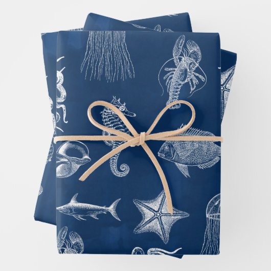 Meerestiere mit blauer Wasserfarbe Geschenkpapier Set (Beispiel)