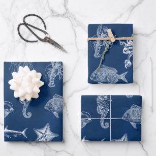Meerestiere mit blauer Wasserfarbe Geschenkpapier Set