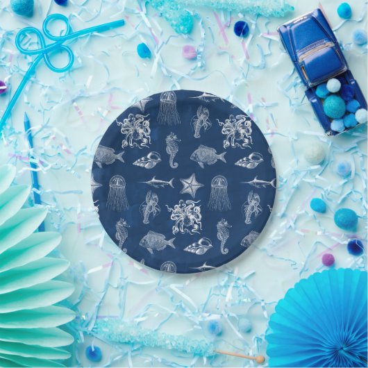 Meerestiere mit blauer Wasserfarbe Pappteller (Party)