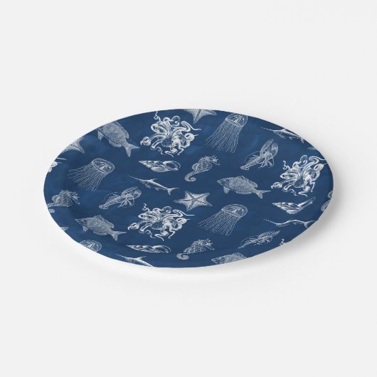 Meerestiere mit blauer Wasserfarbe Pappteller (Schrägansicht)